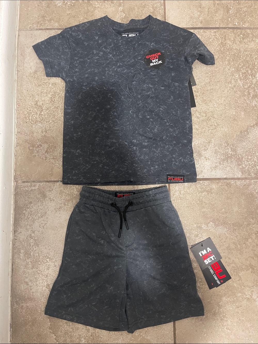 Fubu Boys Black Mineral Wash Tee & Shorts Set with Gray Accents